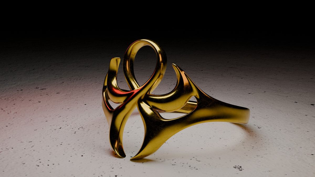 Render 3D de un anillo de ornamento armenio en desarrollo: un lazo abierto sobre la caña.