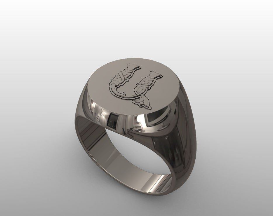 Render 3D de un anillo de sello con la letra armenia Ա en relieve ornamental.